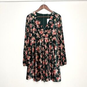 NWT Baltic Born Teri Velvet Dress Floral Babydoll Long-Sleeve Green Pink Sz L